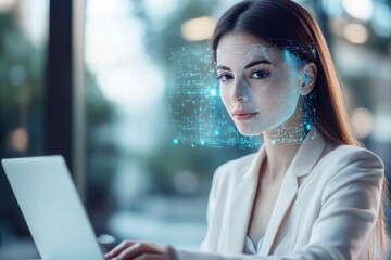 Woman in white blazer using laptop with digital face scan overlay technology for security and privacy