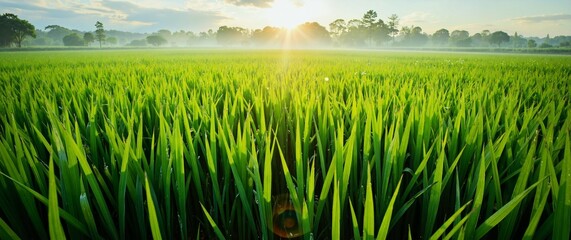 Obraz premium Fog blankets rice fields in the first light 