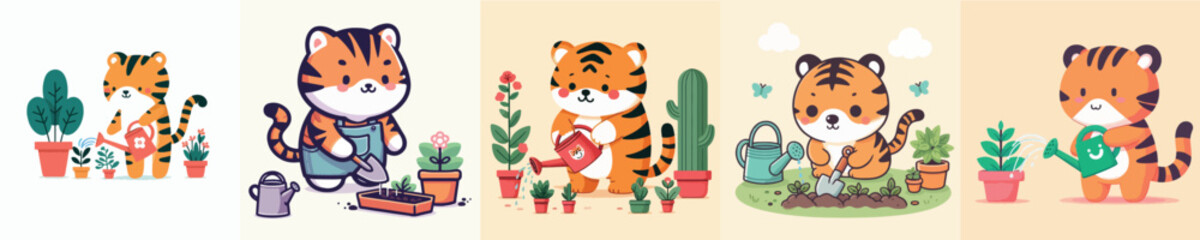 cute tiger gardening vector collection
