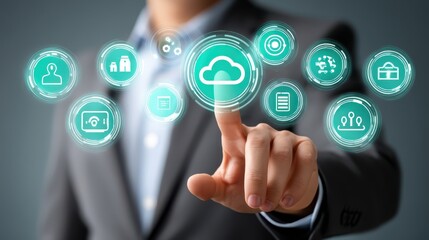 Fototapeta premium Businessman in suit activates futuristic digital icons on virtual interface, glimpse into technological advancement
