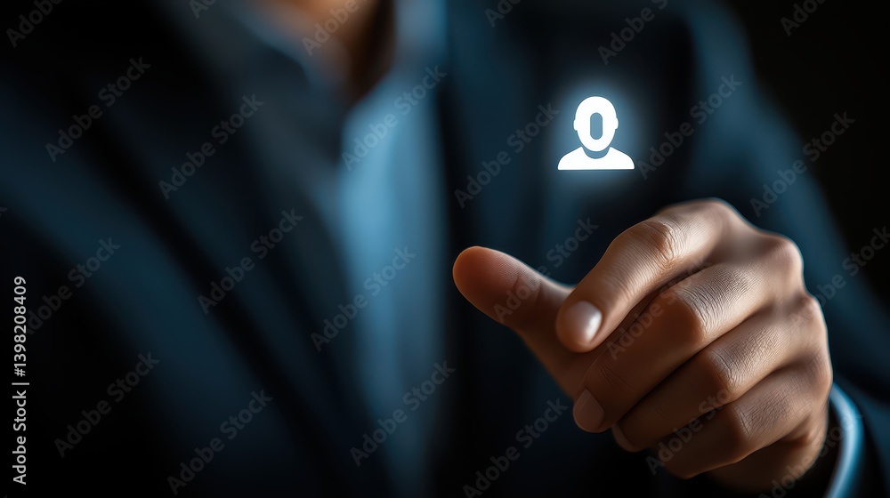 Poster human finger initiating action, pressing a button to trigger response