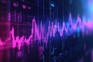 A digital display showing abstract financial data with glowing pink and blue lines and vertical bars