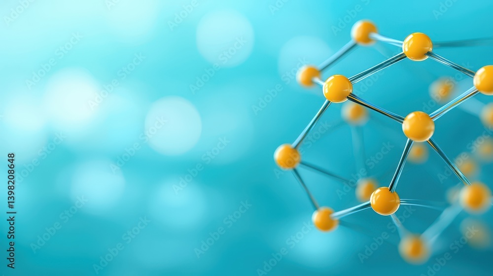 Poster detailed microscopic visualization of a molecule structure with highlighted yellow spheres for scien