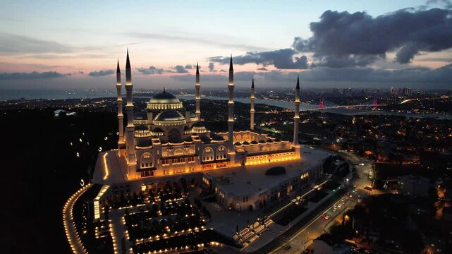 Camlica Mosque (Camlica Cami) in the Sunset Drone Video, Camlica Uskudar, Istanbul Turkiye (Turkey)