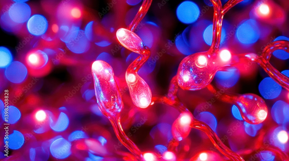 Poster illuminated red and blue string lights create a vibrant and artistic display