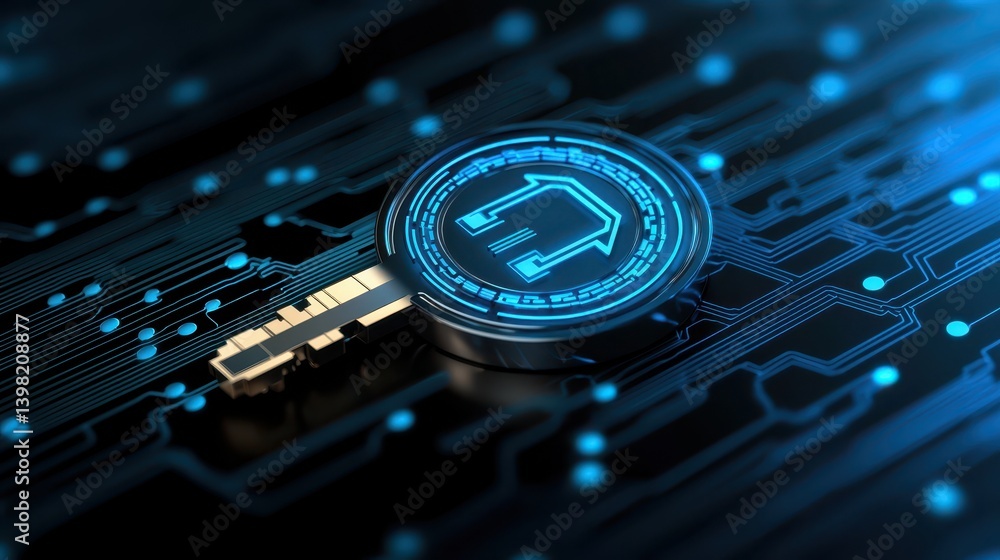 Poster unlocking innovation, a security key on complex circuit board for enhanced digital access