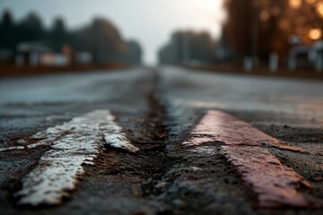 Carretera mojada, líneas de tráfico borrosas, fondo difuminado, ambiente brumoso, luz tenue, perspectiva de primer plano.