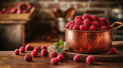 Raspberries in a copper pot ready to eat or for making jam.