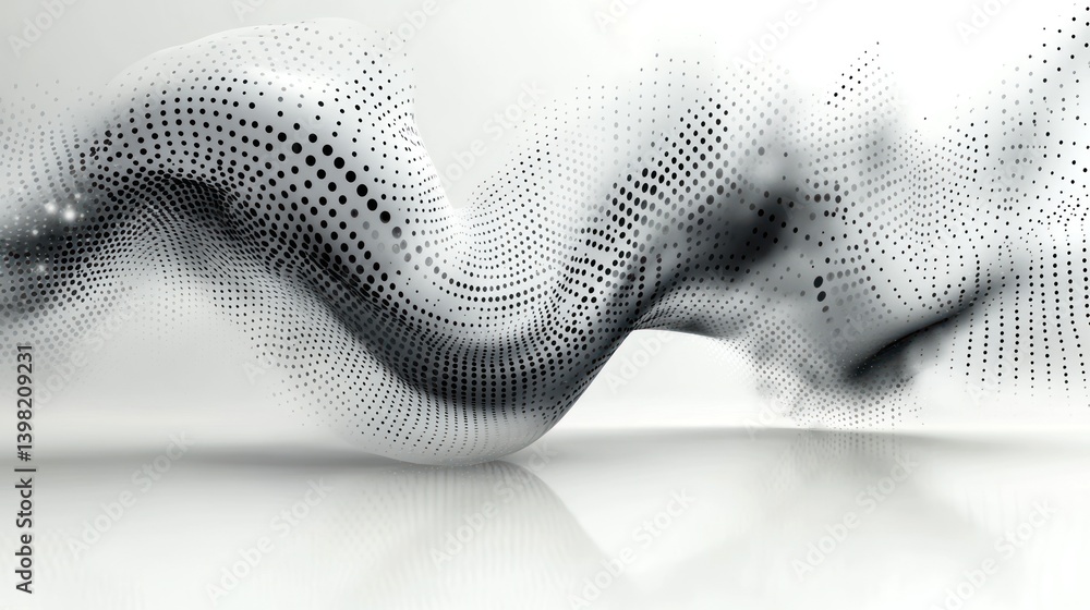 Poster abstract flowing wave pattern with dynamic dots on a glossy white surface
