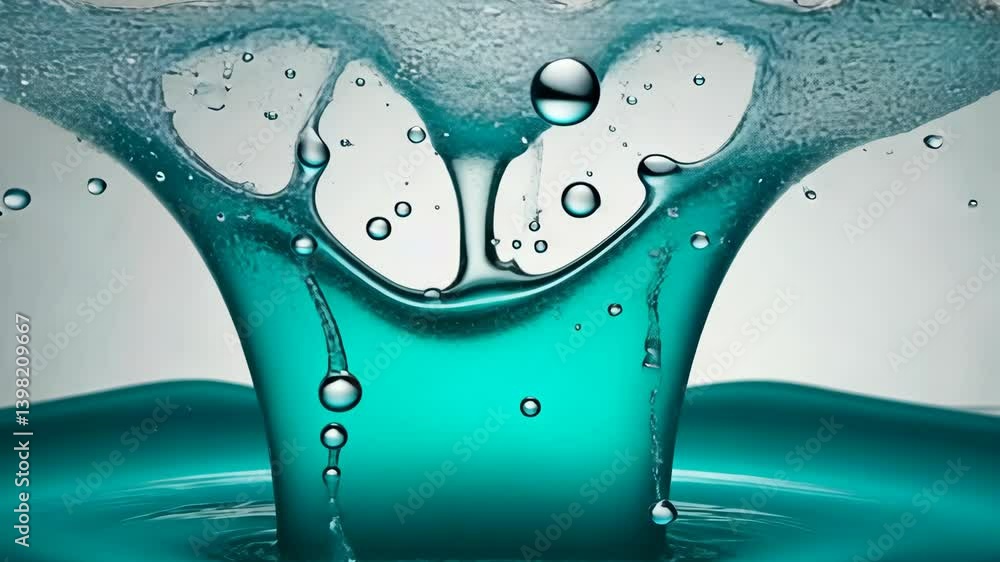 Poster captivating teal liquid with dynamic shapes and translucent bubbles creates a striking abstract wate