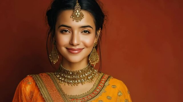 A young Hindu woman model wearing a bracelet, tikka, earrings, and a golden Kundan jewellery set.  Traditional Indian attire, such as a saree or lehenga choli