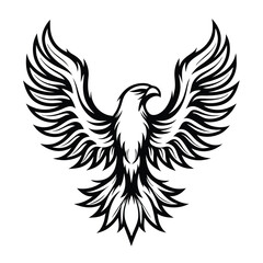 Black Silhouette of Phoenix Bird with Detailed Feathers Spreading Wings Isolated
