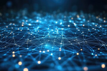 A blue network of interconnected lines and glowing nodes forming a complex web like structure