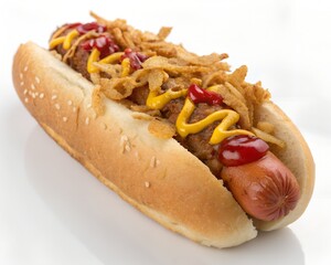 A delicious hot dog topped with chili, mustard, ketchup, and crispy fried onions in a sesame seed bun.