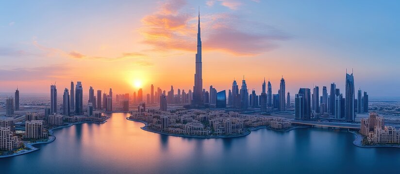 Dubai skyline sunrise, cityscape, waterfront, travel