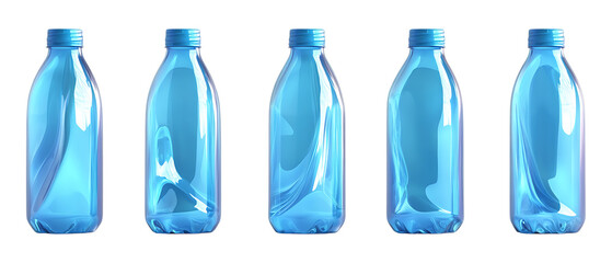 Five clean blue plastic water bottles containing purified liquid are arranged side-by-side, isolated on a transparent background for