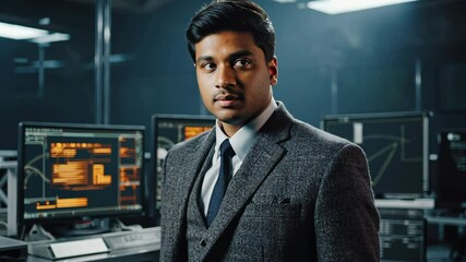 Confident man stands in a modern operations center with computers displaying complex data and graphs for security and strategy