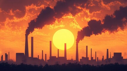 Industrial revolution factory town with massive chimneys, intricate pipe systems, and a sunset casting golden light