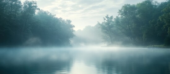 Misty River through Forest at Dawn