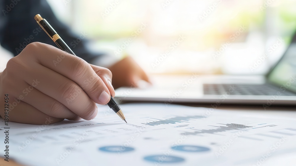 Poster accounting for assets and record management. a hand writing on a document next to a laptop in a brig
