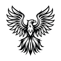 Stylized Black Phoenix with Spread Wings, Minimalist Tattoo Design, Symbol, Isolated