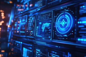 Obraz premium A futuristic interface showing a world map and data with glowing blue lights on a dark background