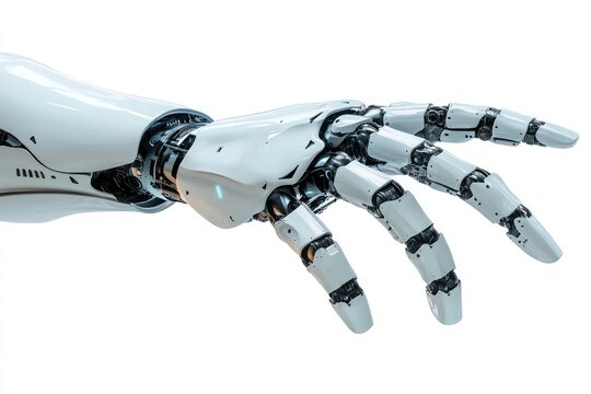 A close up view of a white robotic arm and hand with visible joints and metallic components on white background - Powered by Adobe
