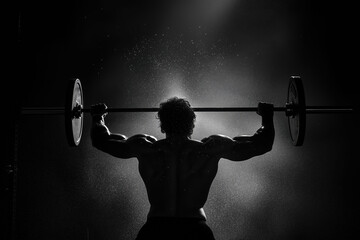 Back view silhouette of man lifting heavy barbell overhead showcasing immense power, dramatic light highlights muscle definition, sheer power visible in pose, capturing peak physical power.