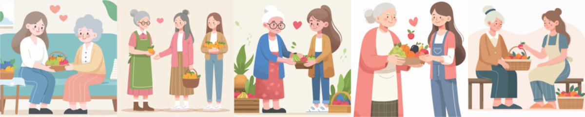 vector grandmother and young woman sharing fruit