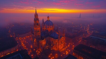 Fototapeta premium Majestic Basilica at Sunrise: A Breathtaking Aerial View of Bruges