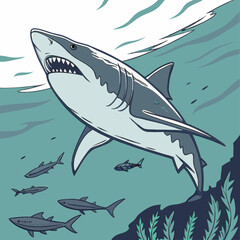 Naklejka premium Great White Shark Underwater Marine Life Illustration