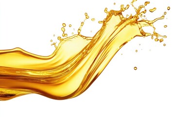 A vibrant splash of golden liquid with droplets against a clean white background creating dynamic movement