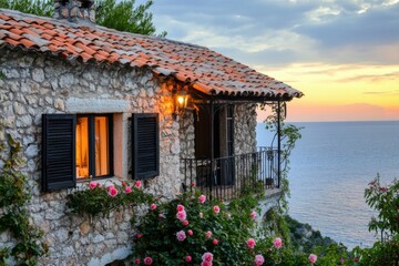 Charming stone house with balcony overlooks sunset by the sea with lush flowers in bloom, perfect retreat for relaxation and tranquility on a warm evening