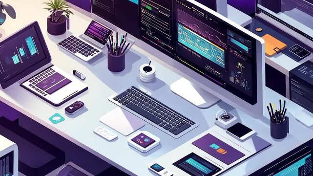 Modern Tech Desktops in Isometric View