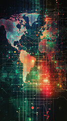 n. Bright, multi-color world map illustration with global networks visualized through streaming data lines and tech elements 