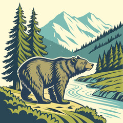 Retro Bear Mountain River Design Illustration