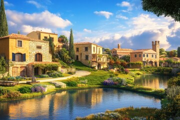 Obraz premium Scenic view of a tranquil village by the lake with lush greenery and historic architecture