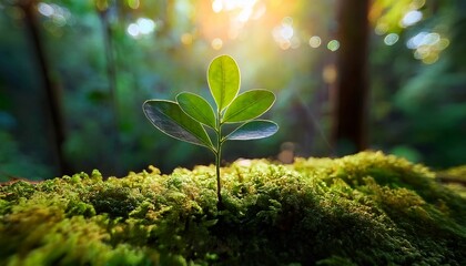 Sapling growing through a carpet of moss, its delicate leaves catching sunlight streaming through the canopy of a dense forest.