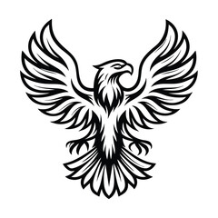 Stylized Black and White Eagle Silhouette With Open Wings, Emblem Design, Isolated