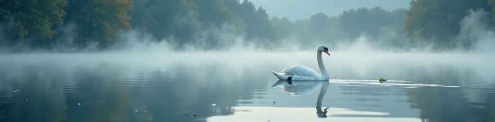 Misty lake, majestic white swan floats, mirror image in fog , scene, solitude, photography