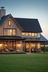 Fototapeta premium Nestled in a serene rural landscape, this charming wooden house features a contemporary design and is beautifully enveloped by vibrant greenery, all illuminated by a stunning sunset