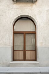 Fototapeta premium Elegant wooden framed window set in a smooth cream wall showcases minimalist architecture and design, capturing modern aesthetics in urban surroundings