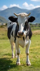 Cow in a field, mountains in the background