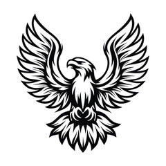 Black & White Eagle Illustration, Wings Spread, Stylized Bird of Prey, Isolated