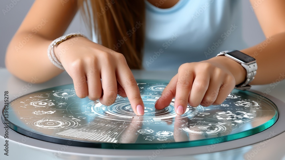 Poster woman's hands activate central button on sleek circular device, glimpse into modern interface design