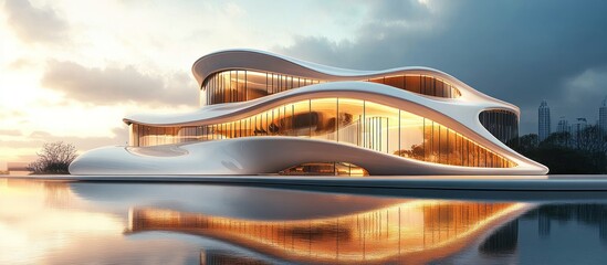 Naklejka premium Modern waterfront villa sunset city