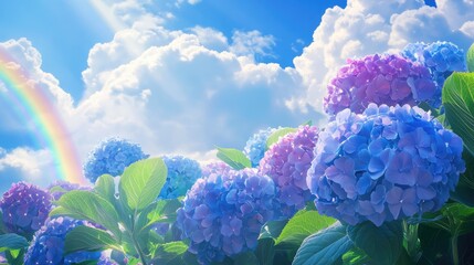 A vibrant scene of a garden featuring clusters of blue and purple hydrangea flowers