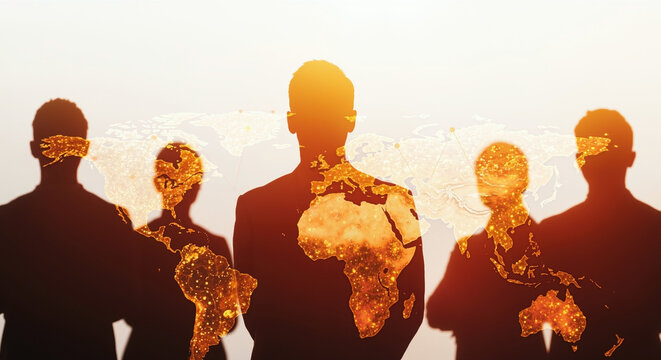 Business team silhouettes with network connection overlay at sunset. Group of professionals with digital data visualization. Leadership, teamwork. corporate services, digital transformation consulting