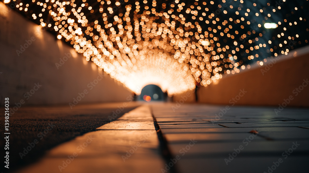 Poster a perspective of a tunnel decorated with many lights and a tiled floor leading to the exit