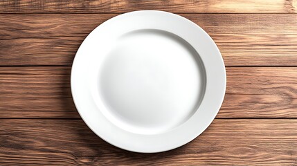 An empty white plate resting on a rustic wooden table.